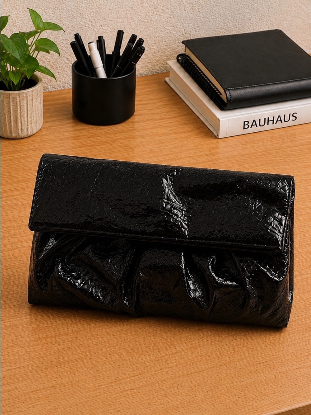 Steve Madden Black Patent Leather Clutch Bag Ruched Foldover Satin Lined 10”x6”